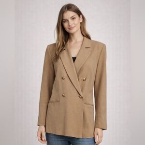 JOSEPHINE CHAUS 100% Wool Longline Blazer. Tan/Gold Buttons. Size 8